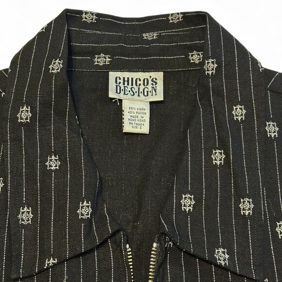 Vintage 90s Chico’s Design Linen Blend Jacket Sz L / 2 Black White Boho Full Zip - Picture 4 of 11